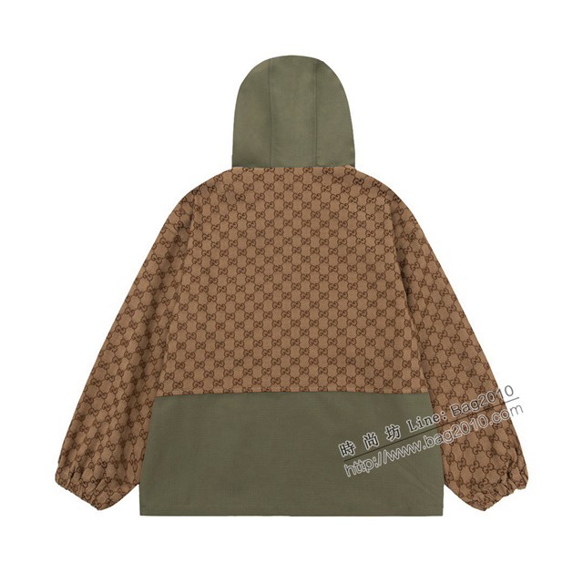 Gucci古奇專櫃古馳2023FW新款提花拼接立體剪裁連帽風衣外套 男女同款 tzy3137